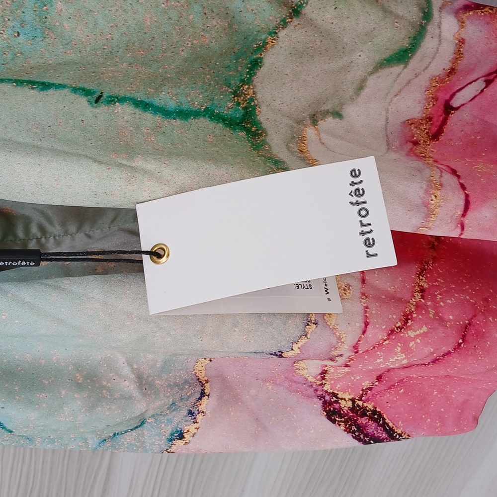 $415 Retrofete Anahita Silk Elegant Pink and Green Halter Dress with Rhi… - Picture 8 of 9